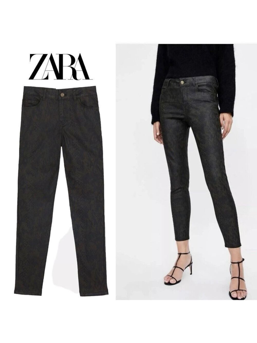 Zara Z1975 Snakeskin Printed Denim Jeans Pants Waxed Finish Sz 6 38